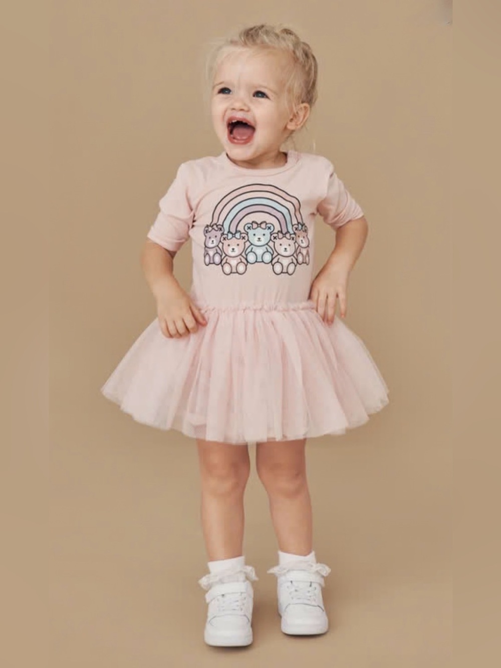 Huxbaby Blush Pink Rainbow Bears Tulle Ballet Onesie Dress Size 4